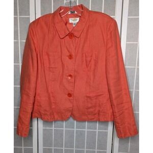 Talbots Womens Blazer 14P Petite Orange 100% Linen Lining Career Pockets Buttons